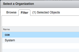 Image: vSphere Web Client Filter to select Organization